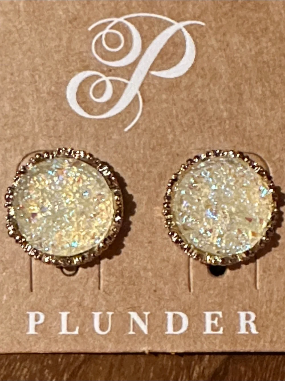Plunder Gold-Tone Iridescent Cream Druzy Stud Earrings